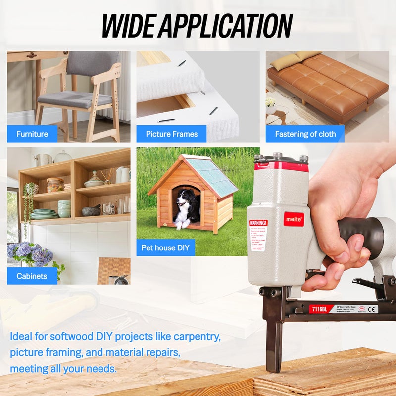 meite 7116BL Pneumatic Upholstery Stapler with Long Nose-1/4-Inch to 5/8-Inch 22 Gauge 3/8'' Crown Fine Wire Stapler - Image 3
